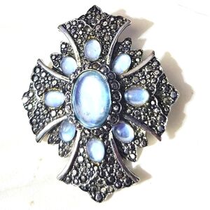 Vtg Silver Tone Light Blue Cabochon Cross Pin Brooch